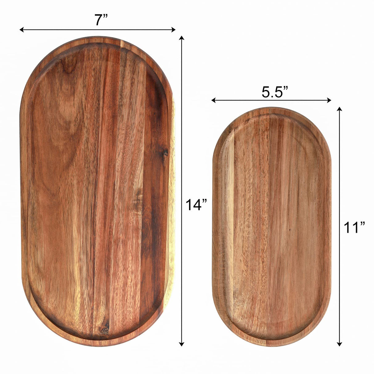 Elsjoy Set of 2 Acacia Wooden Serving Trays, Natural Wood Serving Platters Set with Lip, Oval Charcuterie Plates Board Rustic Long Bread Fruit Dishes for Kitchen Decor, 14"x7" and 11"x5.5" Elsjoy