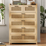 OTMCOOUCH Dresser for Bedroom with 6 Drawers, Natural Rattan Modern Wooden Tall Bedroom Dresser with Led Lights, Chest of Drawers for Bedroom, Living Room OTMCOOUCH
