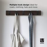 Umbra Flip Wall-Mounted Coat Rack Rail Hook for Hats, Jackets, Bags and More – Modern, Space-Saving Storage Organizer for Entryway, Mudroom, Closet, Bathroom, Bedroom, Kids Room, or Nursery, 5 Hooks, Walnut/Black Umbra