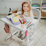 Mount-It! Kids Desk and Chair Set Height Adjustable up to 30" Ergonomic Kids Desk School, Kids Table and Chairs for Student 26" x 18" Tabletop with Pencil Drawer, 3-10 Age Children, Grey Mount-It!