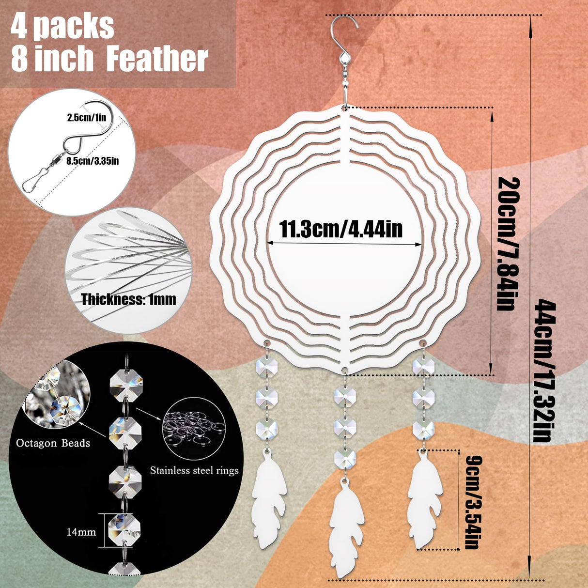 WindMage 4Pack 8inch Sublimation Wind Spinner Blanks 3D Aluminum Metal Wind Sculpture Kinetic Spinners for Yard and Garden Indoor Art Ornaments Hanging Decoration (Feather) WindMage