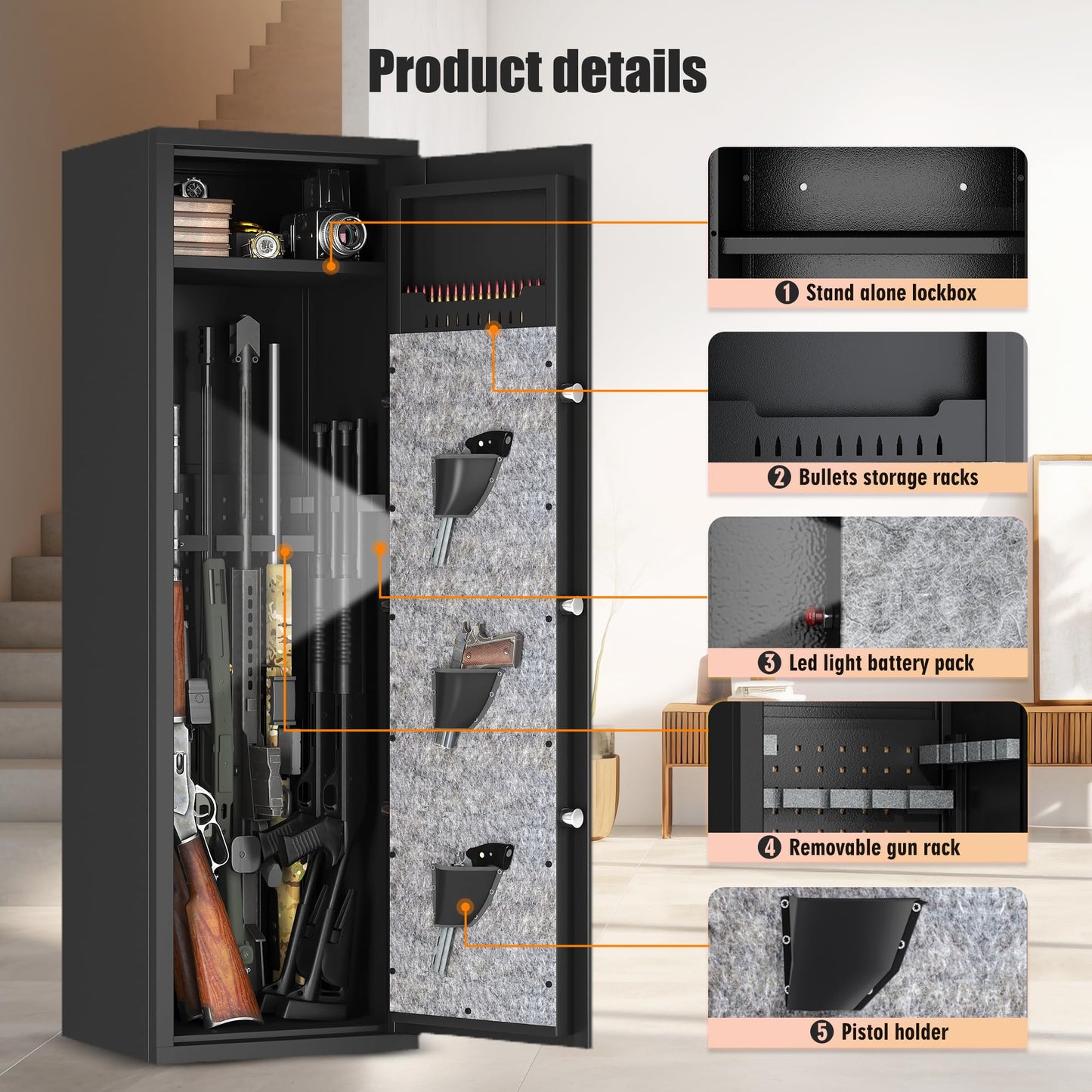 10-14 Biometric Gun Safe Rifle, Large Gun Safes for Home Rifles Pistols and Shotguns, Long Gun Storage Safe, Quick Access Fingerprint Gun Cabinet with Adjustable Rack & Removable Shelf & LED Light