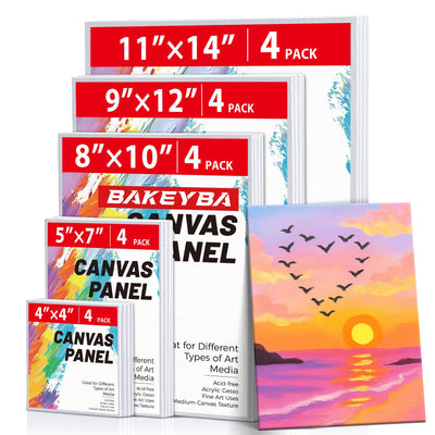 BAKEYBA Canvas Boards for Painting 20 Pack, 4 of Each 4x4, 5x7, 8x10, 9x12,11x14 Primed White Art Canvas Panels for Acrylic, Oil Paint, Watercolor