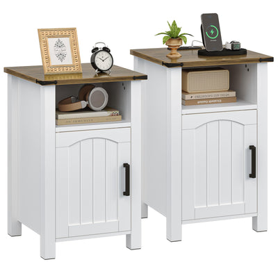 Farmhouse Nightstand with Charging Station, Set of 2 End Table with USB/Type-C Ports and Power Outlets, Rustic Bedside Table with Large Storage and Open Shelf, Modern Side Table for Bedroom, White