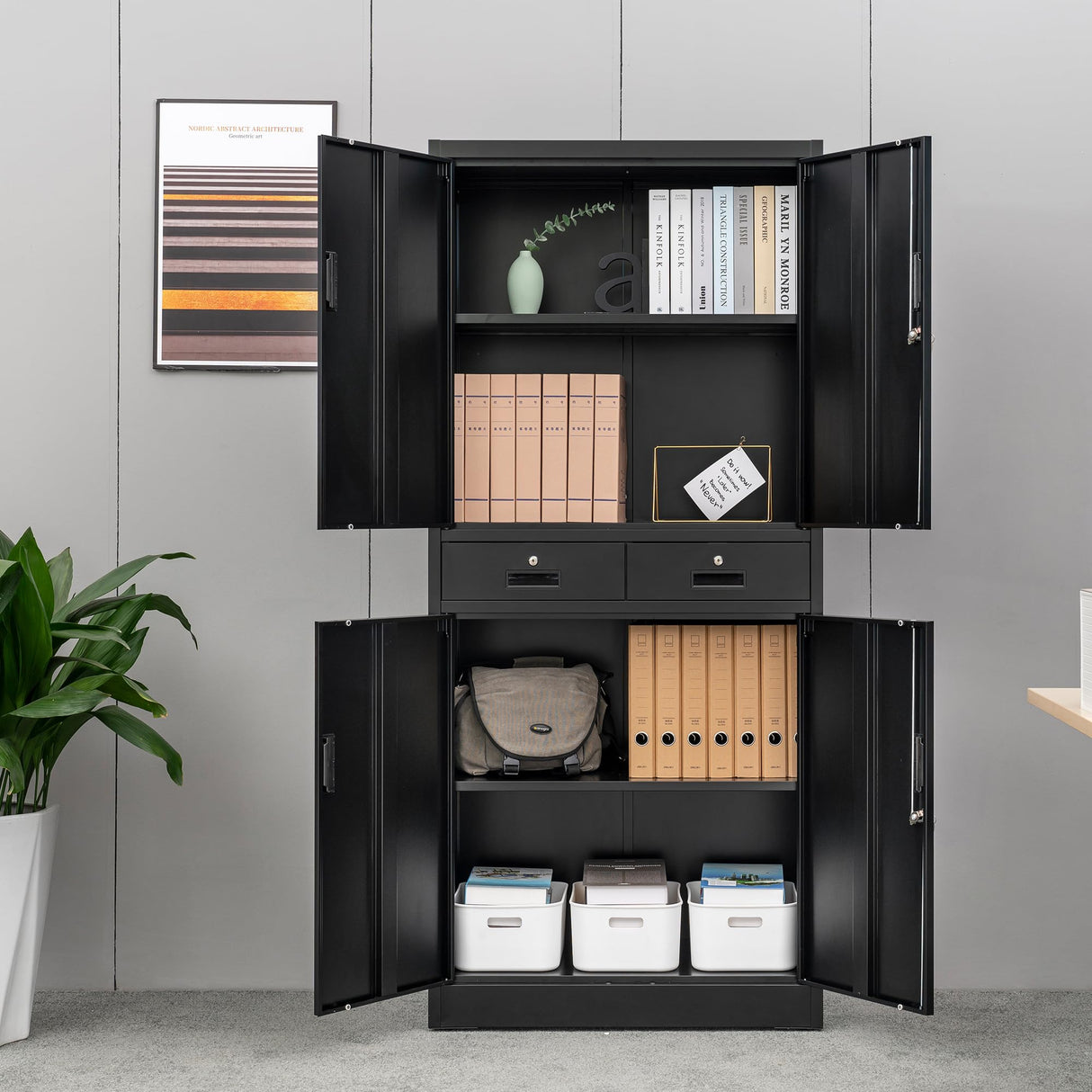 Wanfu Metal Storage Cabinet, 71" Locking Storage Cabinet with Adjustable Shelves and 2 Drawers, Steel Storage Cabinet for Office, Garage, Home, School, Utility Room(Black) Wanfu