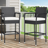 YITAHOME Outdoor Wicker Bar Stools Set of 2, Patio Wicker Counter Stools with Armrest & Backrest, Outdoor Bar Height Chairs with Soft Cushions for Backyard Pool Garden Deck, Black YITAHOME