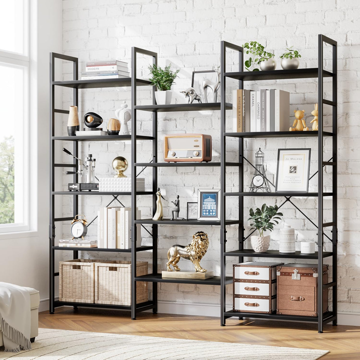 NUMENN Triple Wide 5 Tier Bookshelf, Rustic Industrial Style Bookcases and Bookshelves with 14 Open Display Shelves, Modern Tall Bookcase Furniture for Bedroom, Living Room and Home Office, Black NUMENN