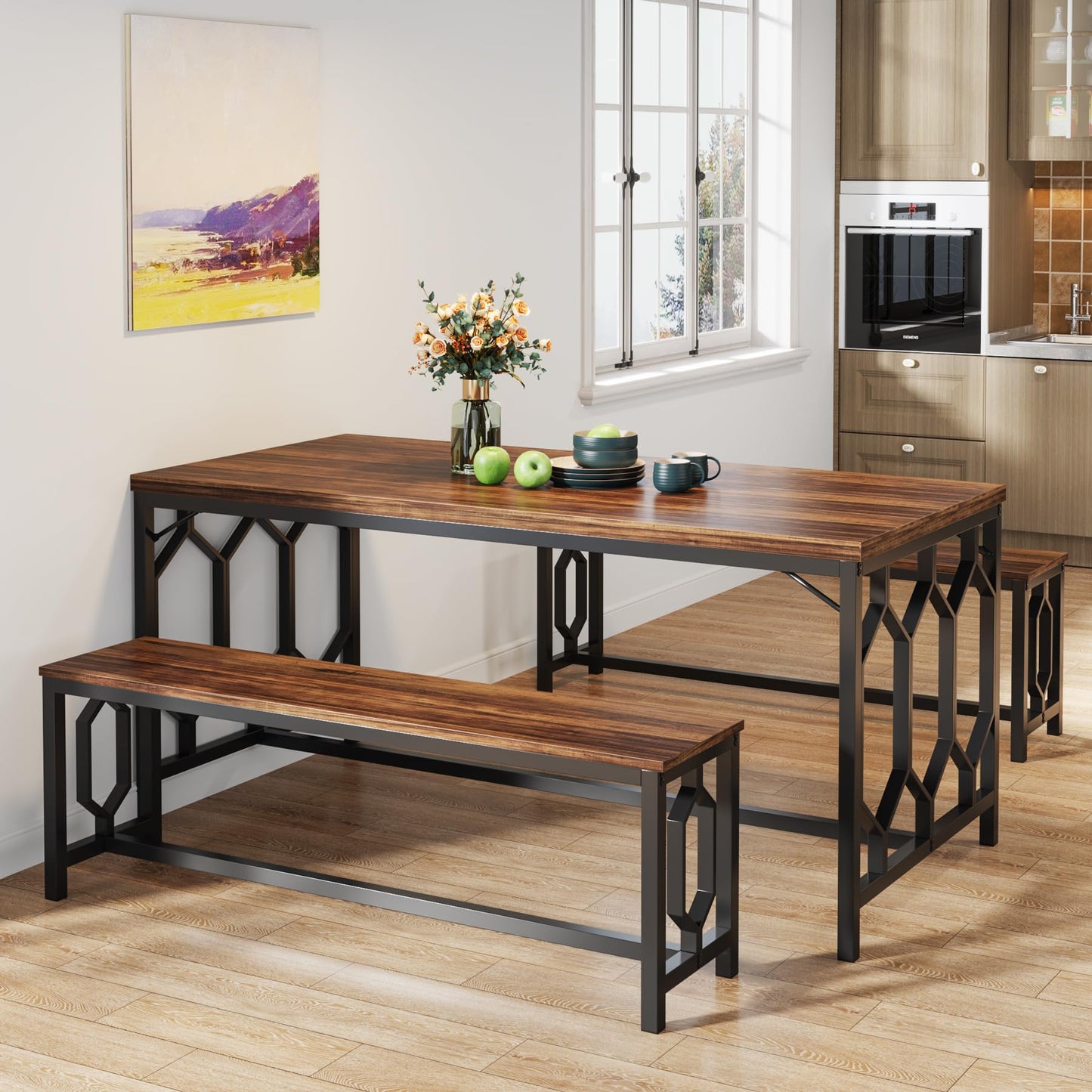 Tribesigns 55-Inch Rustic Brown & Black Dining Table Set with 2 Benches for 4 to 6 People