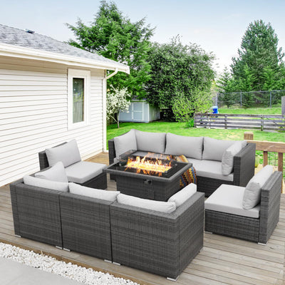 BULEXYARD 9 Piece High Back Outdoor Sectional Seating with Fire Pit Table, Heavy Duty Sturdy Wicker Patio Set Conversation Couch Sofa, Extra Wide Deep Large 8-Person Deck Furniture Set, Light Grey