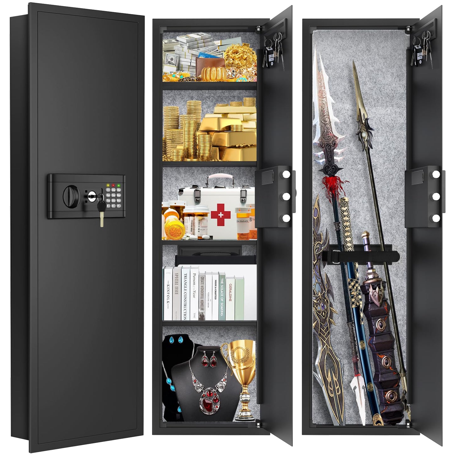 47.3" Tall Fireproof Wall Safes Between the Studs 16" Centers, Large Hidden Flush Wall Safe with 4 Removable Shelf & 6 Key Hooks, 48LB Heavy Duty Gun Safes for Home Rifle and Pistols, Money, Jewelry