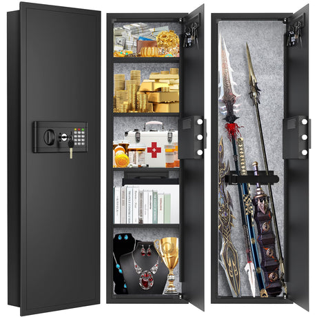 47.3" Tall Fireproof Wall Safes Between the Studs 16" Centers, Large Hidden Flush Wall Safe with 4 Removable Shelf & 6 Key Hooks, 48LB Heavy Duty Gun Safes for Home Rifle and Pistols, Money, Jewelry Nebakne