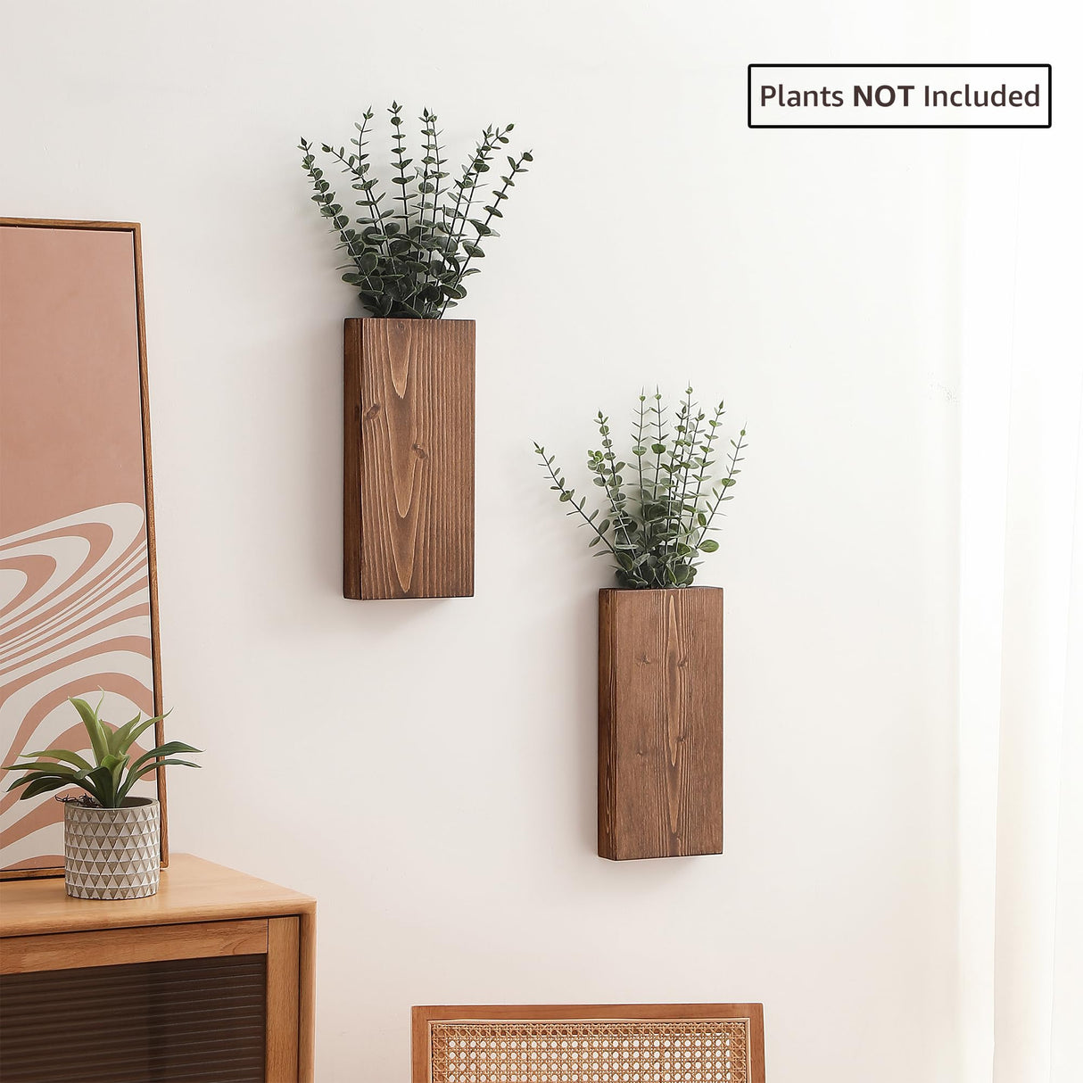 GRID FORTE Wood Wall Planter Set of 2, Wood Wall Pocket for Greenery and Dried Flowers, Indoor Wood Hanging Vase, Modern Farmhouse Wall Decor for Eucalyptus Stems Decorations (Walnut) GRID FORTE