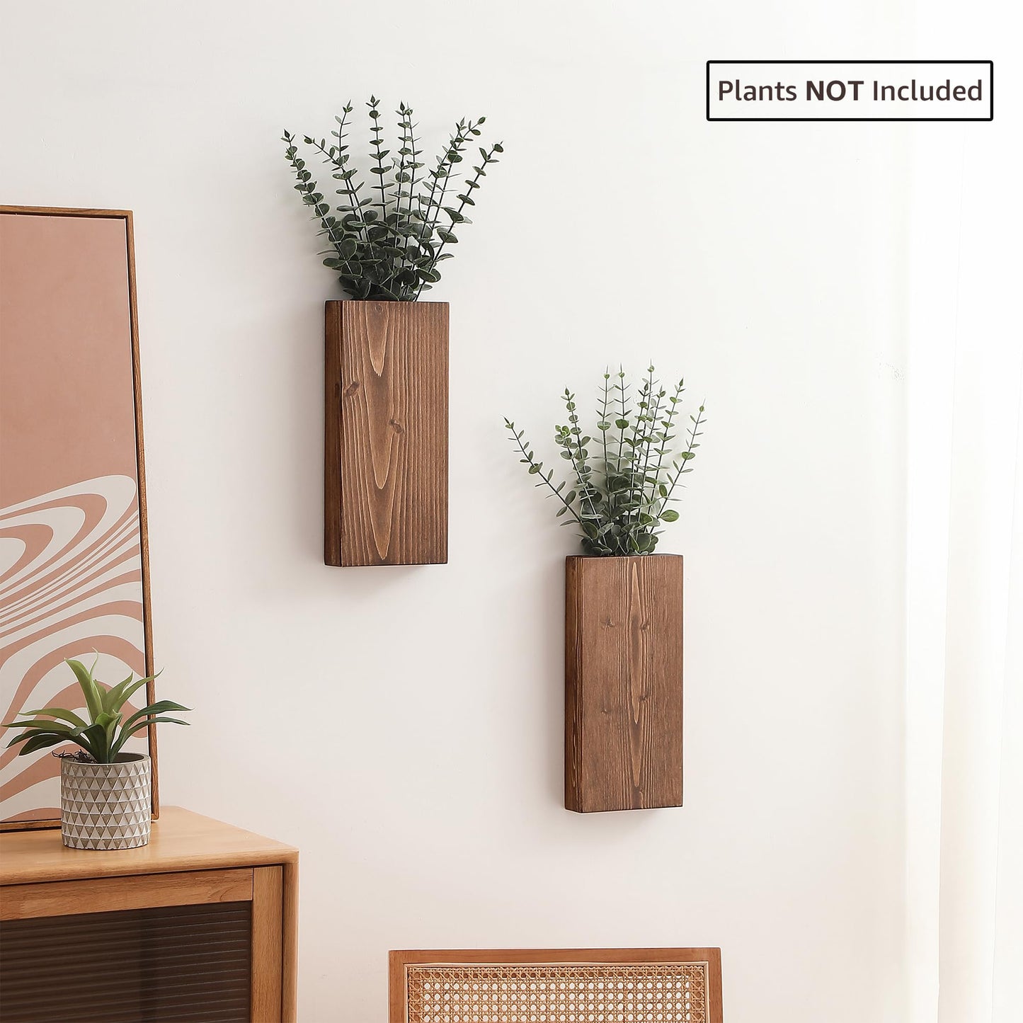 GRID FORTE Wood Wall Planter Set of 2, Wood Wall Pocket for Greenery and Dried Flowers, Indoor Wood Hanging Vase, Modern Farmhouse Wall Decor for Eucalyptus Stems Decorations (Walnut) - WoodArtSupply