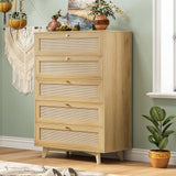 AOGLLATI Rattan Dresser for Bedroom with 5 Drawer, Modern Double Wooden Tall Bedroom Dresser, Chest of Drawers with Metal Handle & Solid Wood Legs for Bedroom/Living Room, AOGLLATI