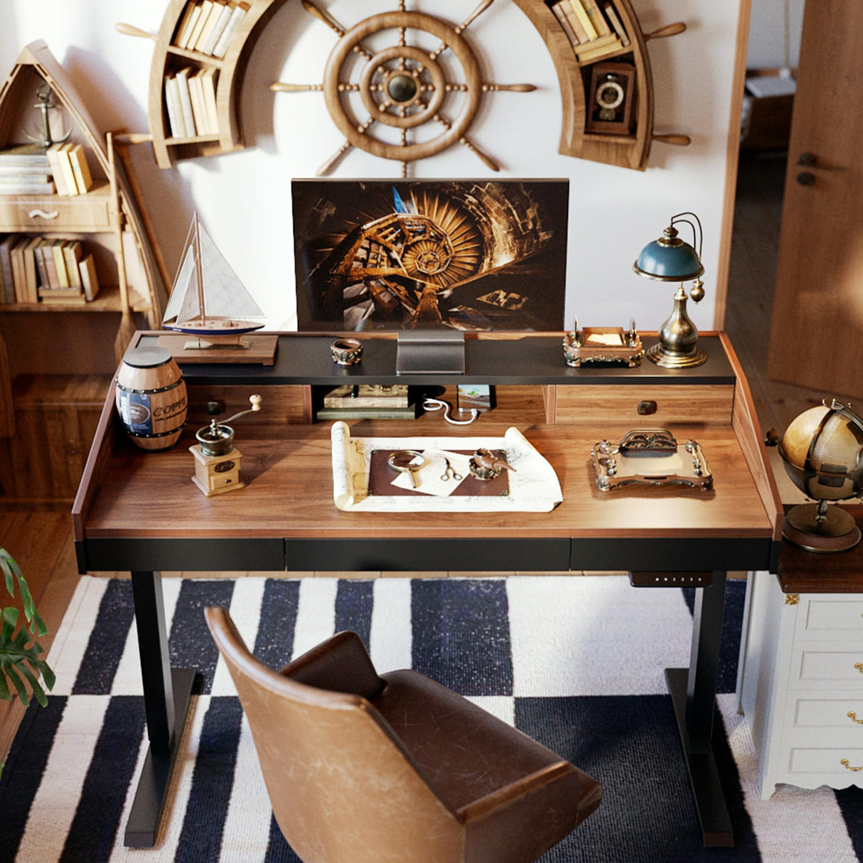 FEZIBO 55" Whole-Piece Standing Desk Adjustable Height with Drawers, 55 x 24 inches Electric Adjustable Desk with Monitor Shelf, Sit Stand Rising Desk with Baffle, Black Walnut FEZIBO