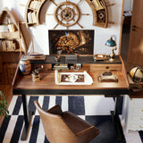 FEZIBO 55" Whole-Piece Standing Desk Adjustable Height with Drawers, 55 x 24 inches Electric Adjustable Desk with Monitor Shelf, Sit Stand Rising Desk with Baffle, Black Walnut FEZIBO