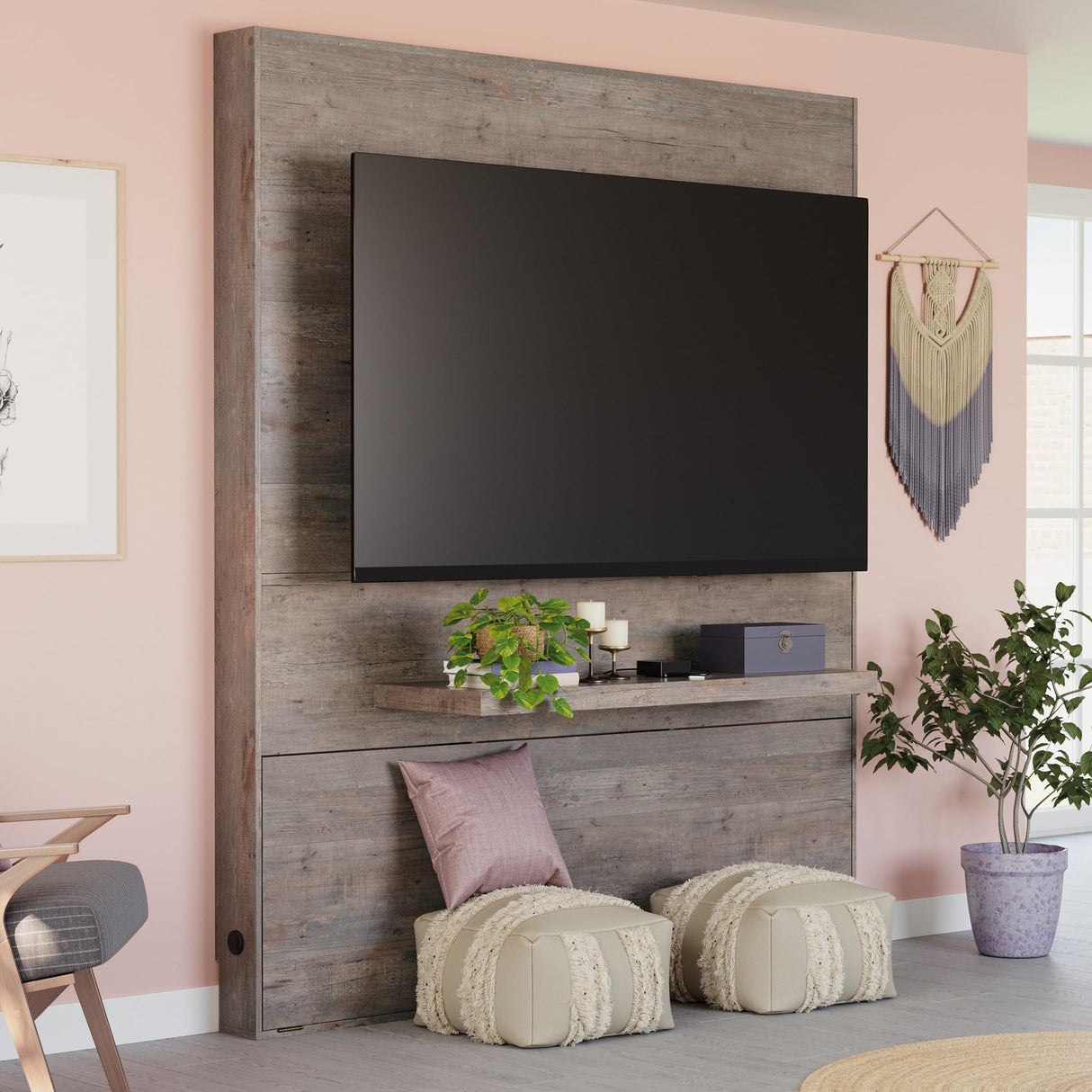 Sauder Steel River Entertainment Wall, for TVs up to 70", in a Weathered Wood Finish Sauder