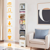 VECELO 8-Tier Narrow Bookshelf, Modern Tall Bookcase with Adjustable Shelves, Raised Base & Fabric Drawer, Storage Rack for Living Room, Bedroom, Office, White VECELO