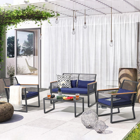 Patiorama 4 Piece Patio Furniture Set, Outdoor Wicker Bistro Set, All-Weather Black PE Rattan Conversation Set w/Coffee Table, Loveseat, Wood-Like Armrest, Cushions for Garden Balcony Deck, Navy Blue Patiorama