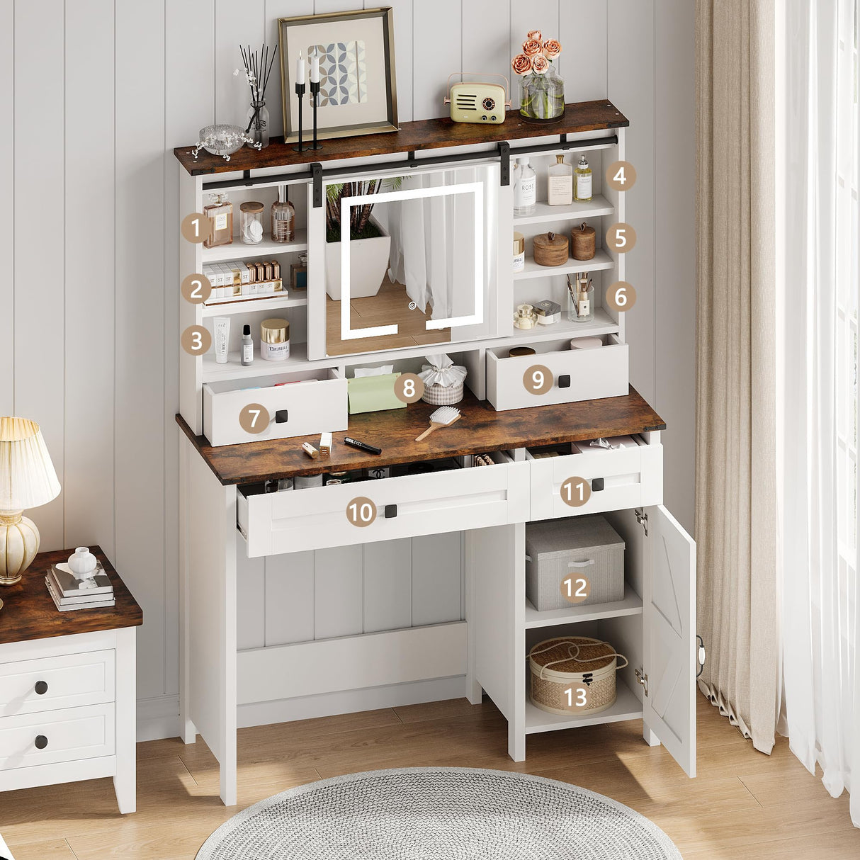 White Vanity with 4 Drawers & Shelves, 42.1'' Farmhouse Makeup Vanity Desk Featuring a Sliding Mirror and Lights, a Rustic Big Vanity Set Suitable for The Bedroom. wanan