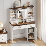 White Vanity with 4 Drawers & Shelves, 42.1'' Farmhouse Makeup Vanity Desk Featuring a Sliding Mirror and Lights, a Rustic Big Vanity Set Suitable for The Bedroom. wanan