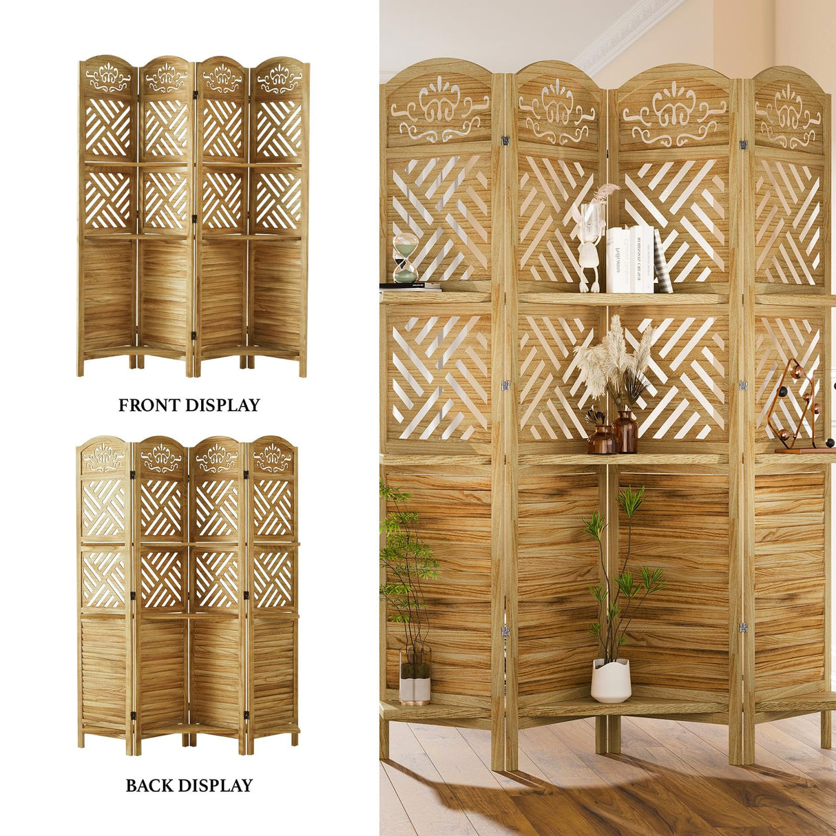 Room Divider with Shelves, 5.75ft Tall Folding Wood Carved Screen with Double Hinges for Home Office Bedroom Hotel Decoration (4 Panels, Natural) Svimi