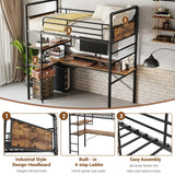 IDEALHOUSE Loft Bed Twin Size with l-Shaped Desk, Metal Bunk Bed with 2 Open Shelves and Decorative Mesh, Twin Loft Bed with 13.4" h Safety Guard & Ladder,No Box Spring Needed,Brown IDEALHOUSE