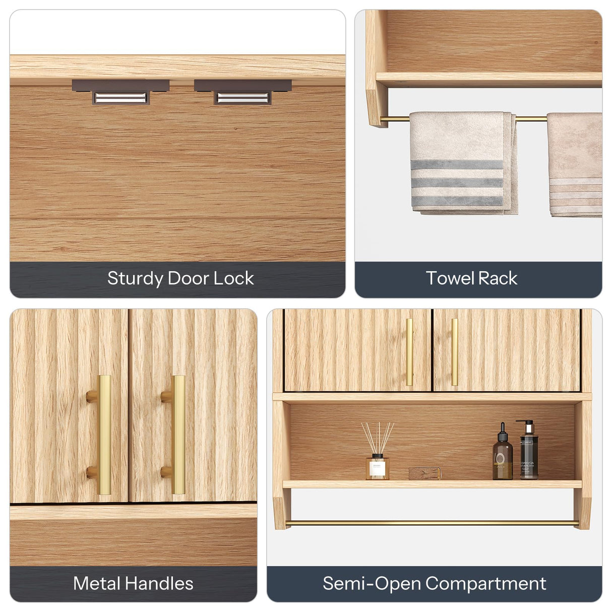 HOOBRO Fluted Bathroom Wall Cabinet, Farmhouse Medicine Cabinet with 2 Fluted Doors, Wall Storage Shelf with Towel Rack, Adjustable Shelf, for Small Spaces, Bathroom, Kitchen, Natural HOOBRO