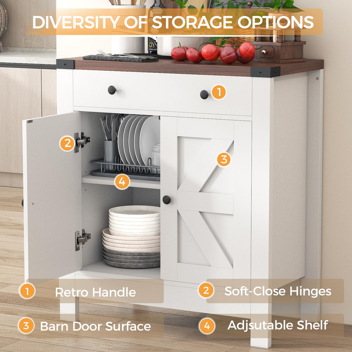 SPERTIKC Coffee Bar Cabinet, Farmhouse Sideboard Buffet Cabinet with Storage, White Kitchen Storage Cabinets with Large Drawer,2 Doors, Adjustable Shelves for Dining Room,Living Room SPERTIKC