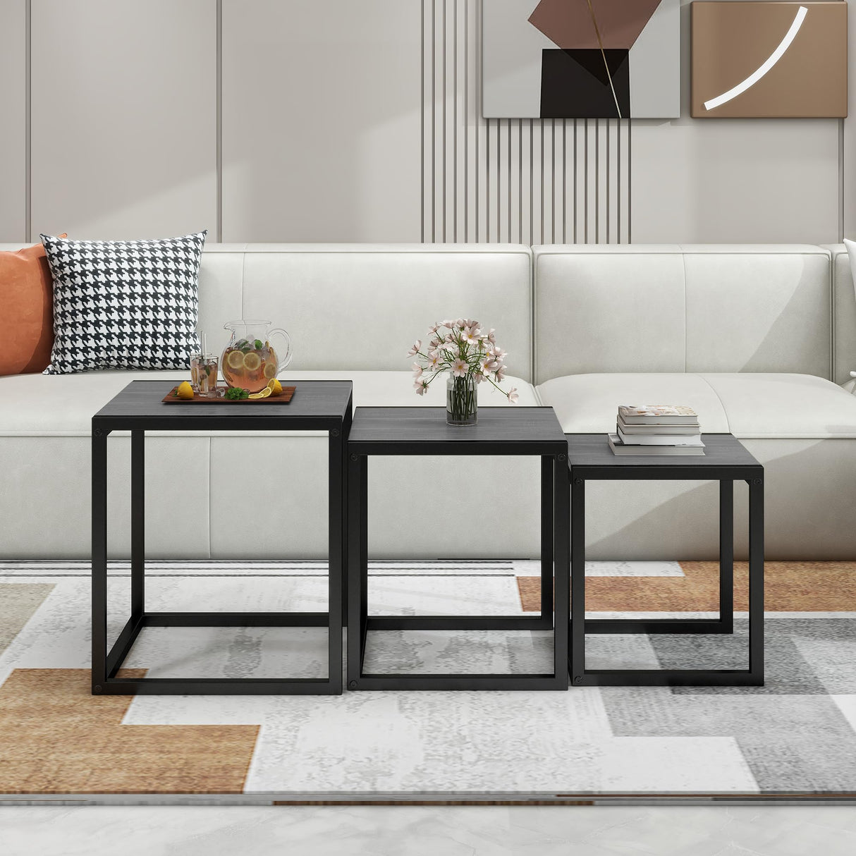 HAHRIR Nesting Table Set of 3 Side Tables, Modern Coffee Table Stacking End Table with Metal Frame (A-Square, Grey) HAHRIR