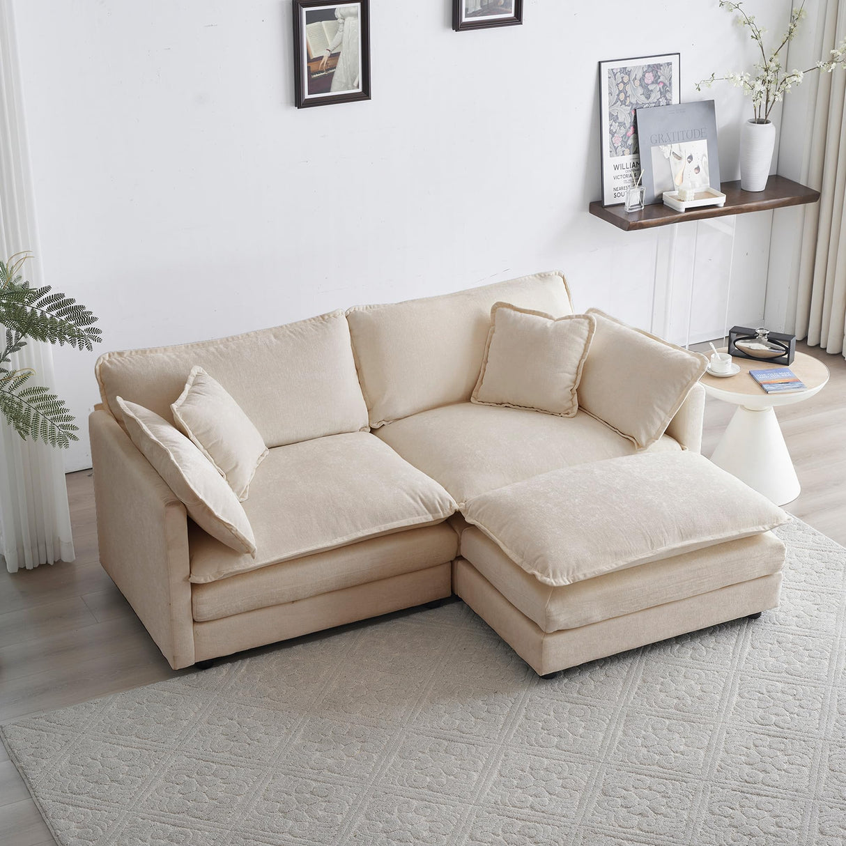 Tmsan 76.7" Deep Seat Cloud Loveseat Sofa Sectional Couch with Ottoman, Large 2 Seater Modular L Shaped Sofa, Comfy Chenille Love Seat for Living Room Bedroom Apartment Office, Light Coffee Tmsan