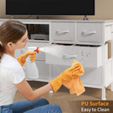 DrawXynth White Dresser for Bedroom with LED Lights and Power Outlets, 55" TV Stand with 10 Drawers & Open Shelves, Fabric Chest of Drawers with PU Finish, Metal Frame, Wood Top DrawXynth