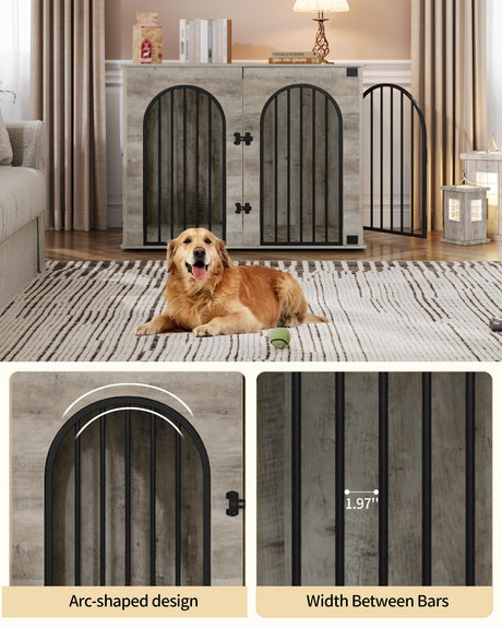 Hzuaneri 44.1" Dog Crate Furniture, Dog Kennel Indoor Arched Door Design, Wooden Dog Crate Furniture for Small/Medium/Large Dog, Side Table, TV Stand, Anti-Chew, Anti-Escape, Greige Black Hzuaneri
