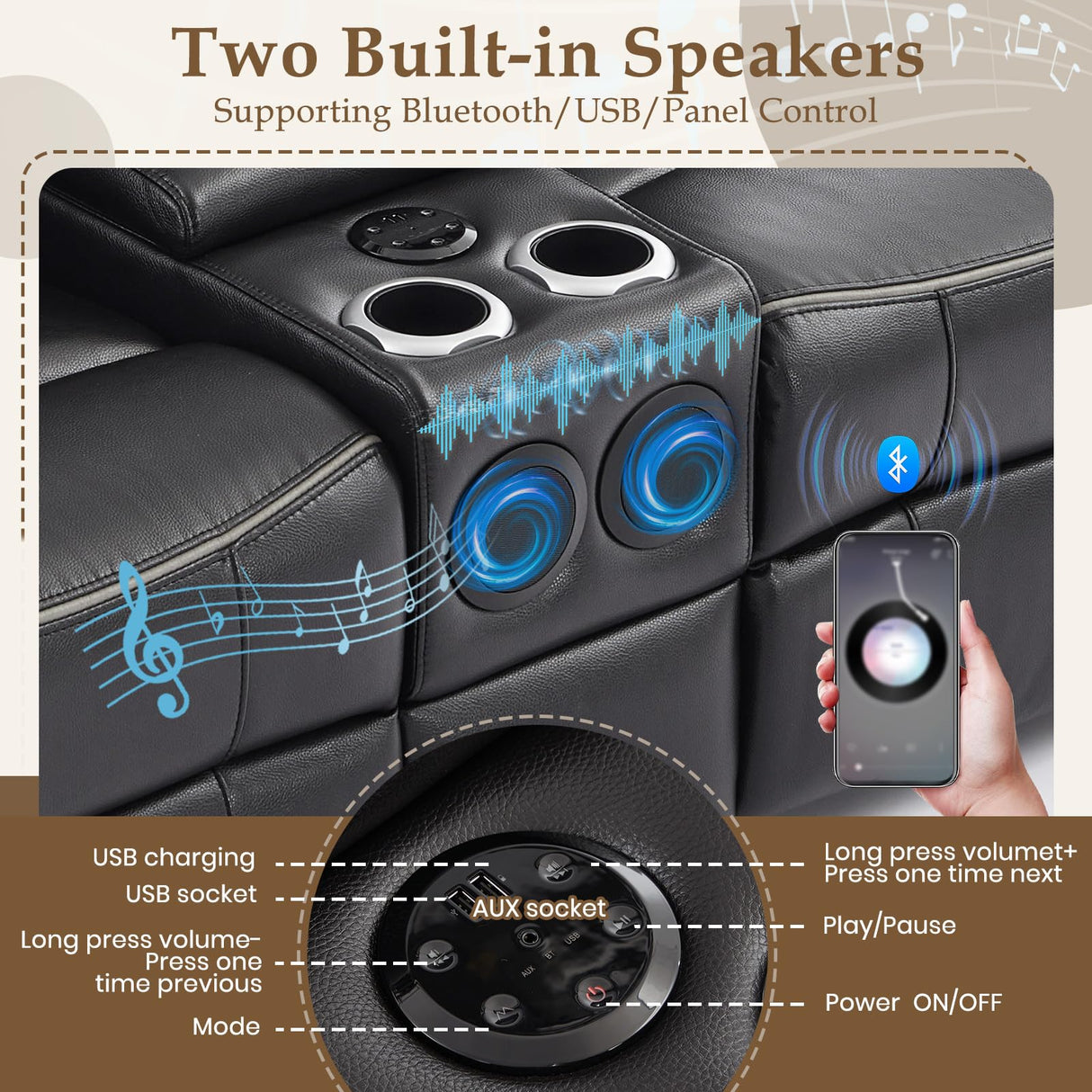 Neptane Power Reclining Loveseat with LED Reading Light/Storage Drawer/Bluetooth Speakers, Power Loveseat Recliner Sofa, Wall Hugger Reclining Loveseat with Outlets(Black, 2 Seat with Console) Neptane