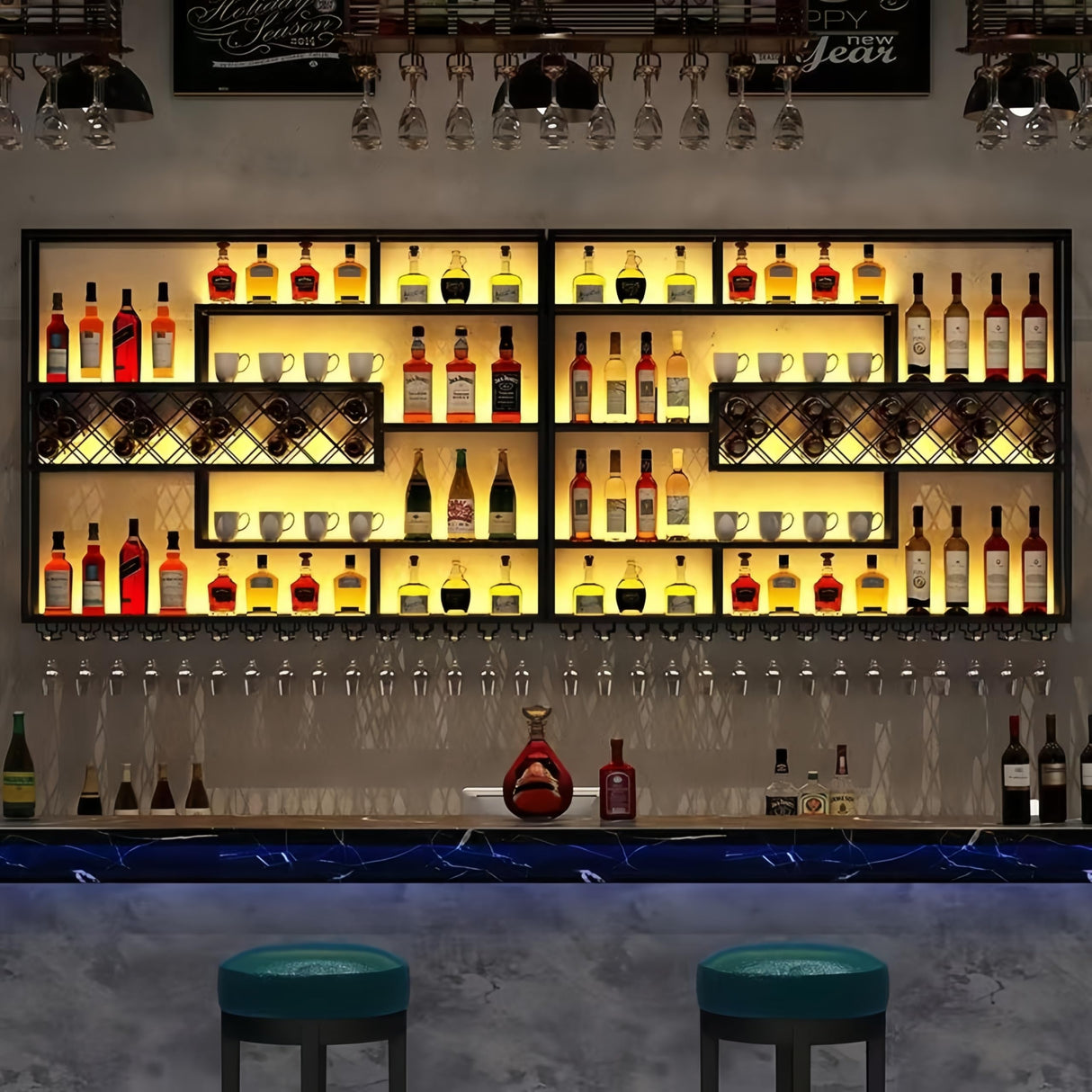 HFTUW 118 Inch Iron Wall Mounted Wine Rack & Bar Shelf for Liquor Bottles, Industrial Wall Bar Shelf with LED Lights, Large Capacity Metal Hanging Goblet Rack for Kitchen, Dining Room, Black HFTUW