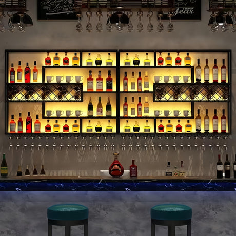 HFTUW 118 Inch Iron Wall Mounted Wine Rack & Bar Shelf for Liquor Bottles, Industrial Wall Bar Shelf with LED Lights, Large Capacity Metal Hanging Goblet Rack for Kitchen, Dining Room, Black HFTUW