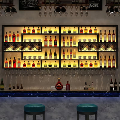 HFTUW 94 Inch Iron Wall Mounted Wine Rack & Bar Shelf for Liquor Bottles, Industrial Wall Bar Shelf with LED Lights, Large Capacity Metal Hanging Goblet Rack for Kitchen, Dining Room, Black