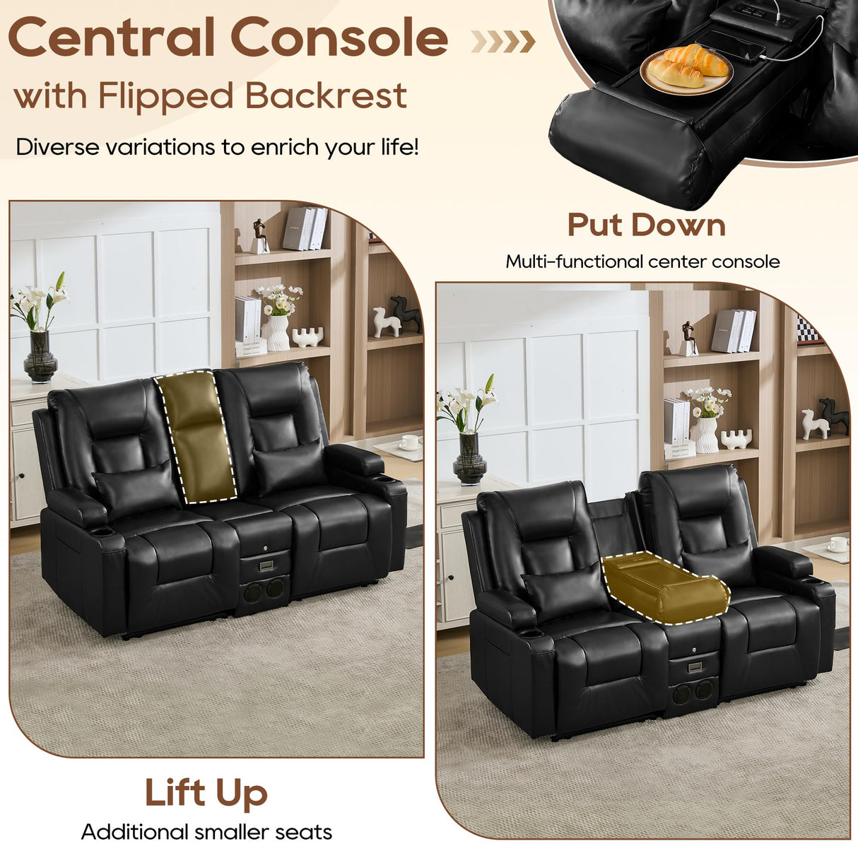 URRED Manual Reclining Loveseat Sofa with Console, Double Recliner RV Couch with Bluetooth Speakers, USB & Power Outlet, Cup Holders, Pillow and Side Pocket, for Home Theater, Faux Leather, Black URRED