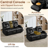 URRED Manual Reclining Loveseat Sofa with Console, Double Recliner RV Couch with Bluetooth Speakers, USB & Power Outlet, Cup Holders, Pillow and Side Pocket, for Home Theater, Faux Leather, Black URRED