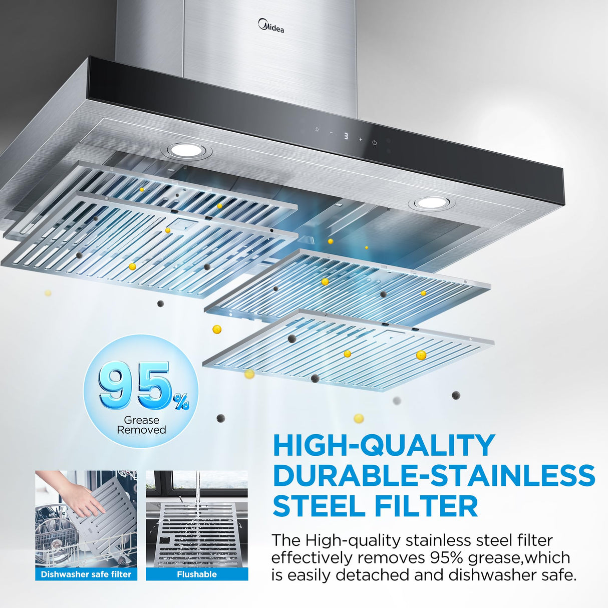 Midea MVT30W9AST Range 30 Inch 450CFM Vent T Shape Stove Hood with 5-Layer Aluminum Permanent Filters Kitchen, Ductless Convertible, 3 Speed Exhaust Fan, Stainless Steel Midea