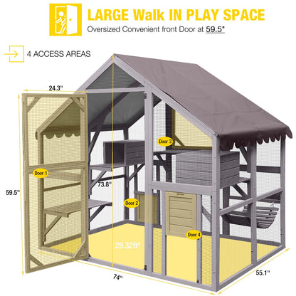 Aivituvin Catio Cat Enclosure Outdoor Cat Catio Large Cat Run with Bridges, Walks, Small Houses, Roof Cover 28.27ft