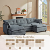 Amsleekey Modular Sectional Sofa, 111.5" U-Shaped Corduroy Comfy Sectional Couches for Living Room, 3-Seater Cloud Couches with 2 Movable Ottomans, Flexible Combination Modern Deep Seat Sofa (Grey) Amsleekey