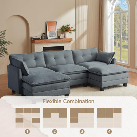 Amsleekey Modular Sectional Sofa, 111.5" U-Shaped Corduroy Comfy Sectional Couches for Living Room, 3-Seater Cloud Couches with 2 Movable Ottomans, Flexible Combination Modern Deep Seat Sofa (Grey) Amsleekey