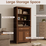 EROMMY 5 Tier Rattan Bookshelf with Drawer, 71" Tall Boho Bookcase, Large Wooden Farmhouse Bookshelf with Doors Storage Cabinet and Display Shelves for Living Room, Bedroom, Home Office, Walnut EROMMY