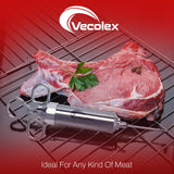 Vecolex 304 Stainless Steel Meat Injector Syringe-2 Oz Meat Injectors For Smoking with 3 Needles 3 Brushes-Spare O Rings-Food Injector for BBQ,Turkey & Brisket (Stainless Steel) Vecolex