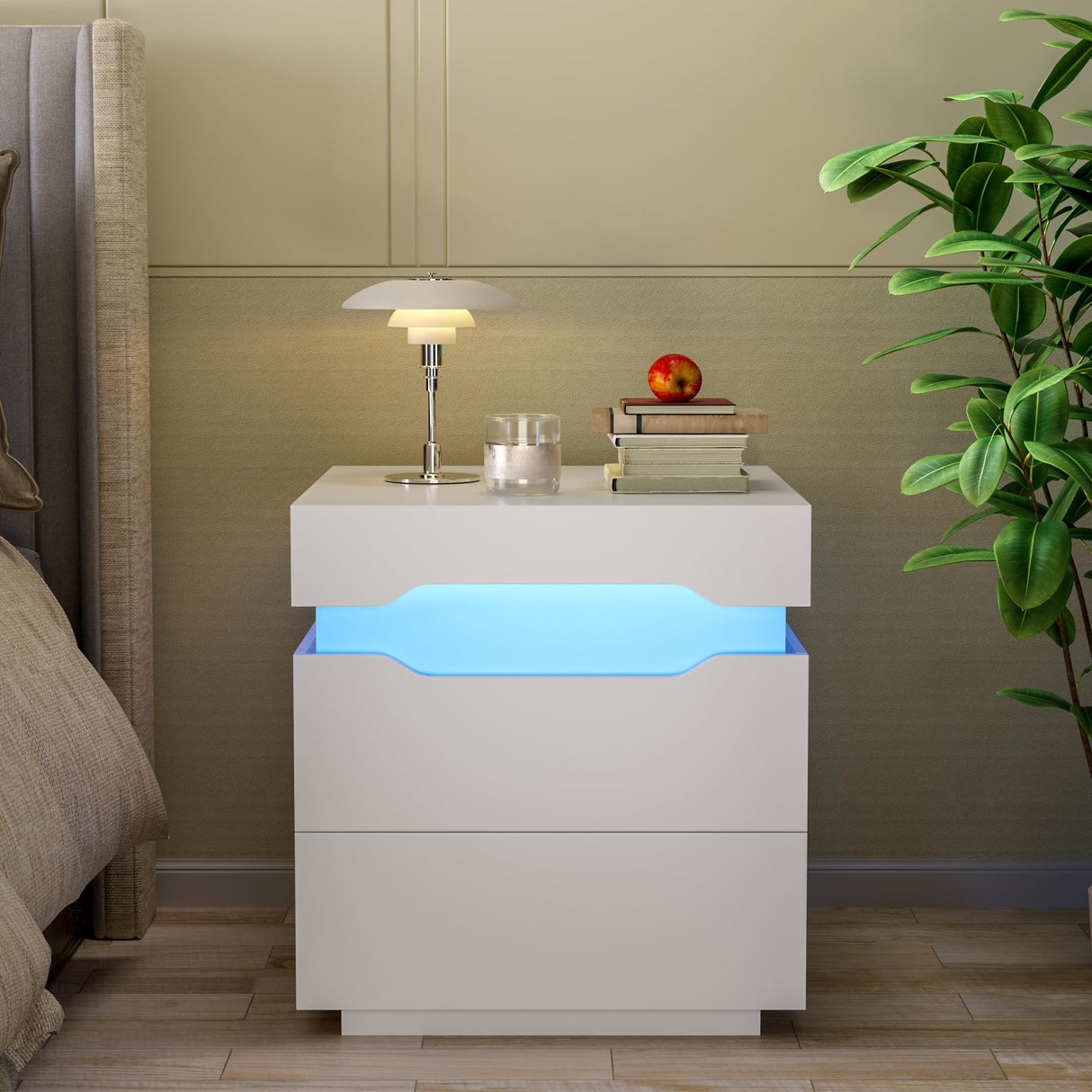 Flamaker LED Nightstand with Charging Station, End Table with 2 Drawer Storage Cabinet, Bedside Table with Sliding Top for Bedroom and Living Room (White) Flamaker