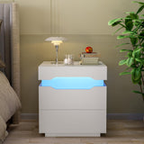 Flamaker LED Nightstand with Charging Station, End Table with 2 Drawer Storage Cabinet, Bedside Table with Sliding Top for Bedroom and Living Room (White) Flamaker