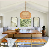 18" Rattan Farmhouse Chandeliers for Dining Room,3-Light Hand-Woven Rattan Chandelier,Farbic Shade Boho Chandelier Pendant Light fixture Drum Chandelier Hanging Lights for Bedroom Kitchen Island AyshwillDec