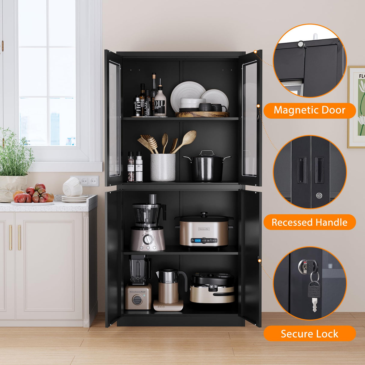 LISSIMO Metal Storage Cabinet with Glass Doors, Lockable Office Cabinet, 71" Tall Steel Cabinet with Adjustable Shelves for Home Office,School and Hospital (Black) LISSIMO