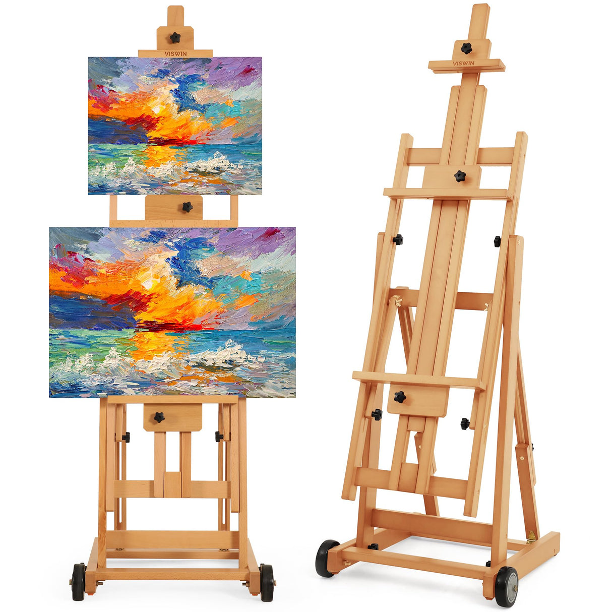 VISWIN Studio H-Frame Easel, Tilting Flat & Adjustable Beech Wood Art Easel for Painting, Movable Large Easel Stand for Adults, Artists, Hold 1 or 2 Canvas up to 78" - Natural VISWIN